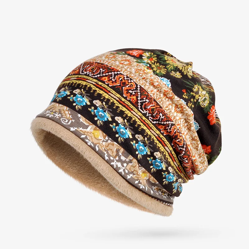 

Fashion autumn and winter bag neck printed hat cotton and velvet windproof ear protection warm cap Abaya Muslim women Baotou cap