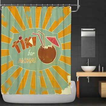 

Tiki Bar Decor Fabric Shower Curtain,Vintage Design Exotic Cocktail Aged Look Aloha Fun Party Decorative for Bathroom