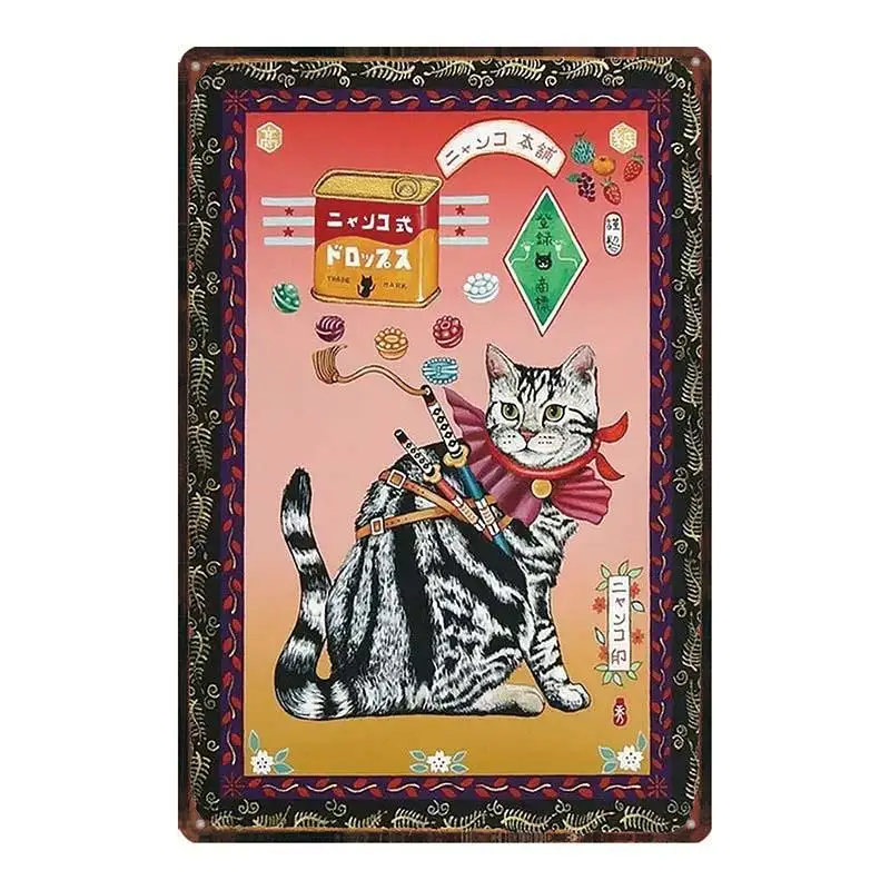 Японский самурайский Кот Татуировка животное Кошка знак Металл животное жестяная вывеска винтажная посуда для дома настенное искусство Ретро Декор X DU-20x30 см