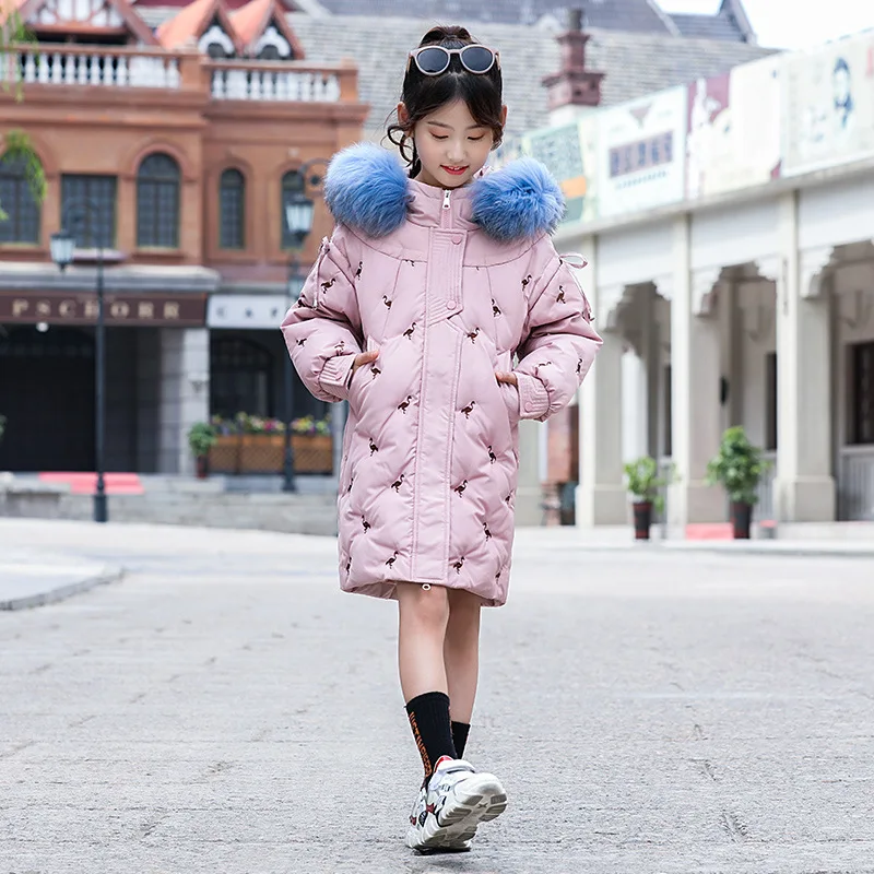 Winter Children's Down Jacket Girls The Long Section Girls Children's Wear Jacket Big Children Thick Large Fur Collar 14