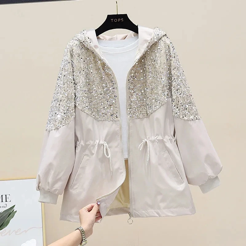 2023 New Autumn Women Jacket Long Sleeve Hooded Female Windbreaker Heavy industry Sequins Jackets Loose Black Overcoat Outwear