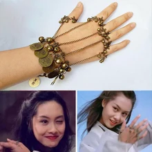 Винтажный античный латунный Бохо кулон в виде цветка монета колокольчик кисточкой браслет, соединенный с кольцом на пальце для женщин и мужчин браслет дружбы сексуальные ювелирные изделия Bijoux