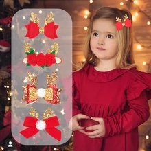 

4 PC Set Christmas Sequins Elk Horn Hairpin Glitter Non-woven Flower Hairpin Hair Ball Bow Baby Girl Headbands