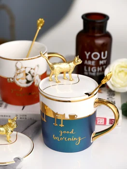 

Luxury Milk Coffee Mug Ceramic Set Office Afternoon Tea Coffee Cup Printed Cat Gold Spoon Tazas Friend Gift Box BA50MK