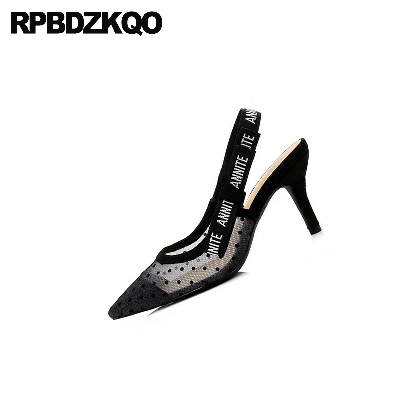 Scarpin/туфли-лодочки с бантом; черные босоножки из сетчатого материала на высоком каблуке; коллекция года; Красивая Женская обувь с острым носком и ремешком на пятке 3 дюйма; Качественная Дизайнерская обувь в горошек