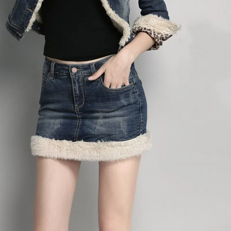 Зимний повседневный уличный комплект из двух предметов для женщин с отложным воротником из овечьей шерсти, джинсовое хлопковое пальто, мини-юбка с запахом, джинсовый костюм и топ S-XL