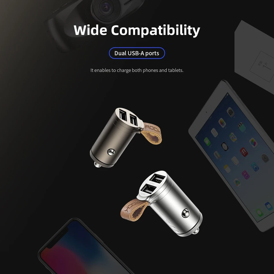 Автомобильное зарядное устройство ROCK 24 Вт Mini 2 USB для iPhone Xiaomi с двумя портами, автомобильное зарядное устройство USB 2.4A, быстрая зарядка для мобильных телефонов