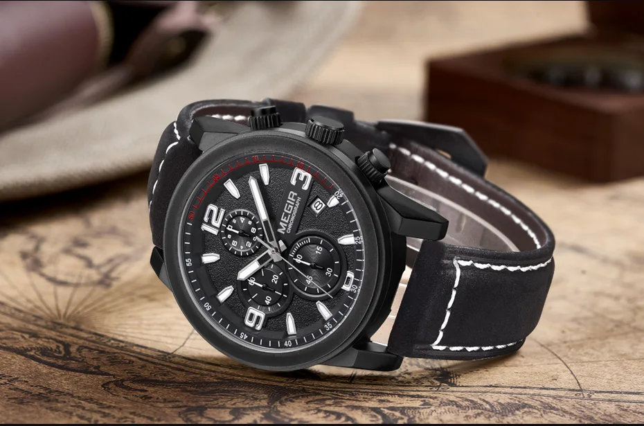 MEGIR Топ бренд модные спортивные мужские кварцевые часы Chronogragph часы с кожаным ремешком армейские военные светящиеся водонепроницаемые наручные часы