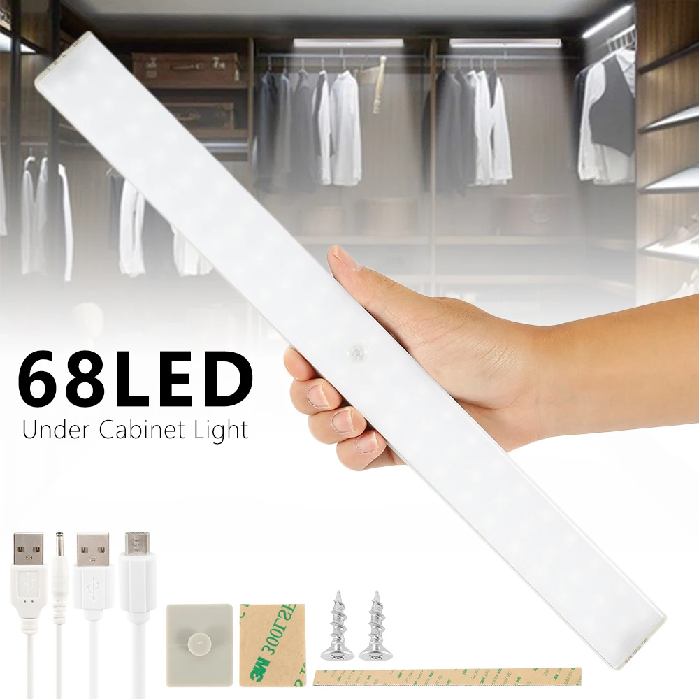 

68 LED Under Cabinet Light PIR Motion Sensor Lamp Cupboard Wardrobe Bed Lamp Under Cabinet Night Light For Closet Stairs Kitchen