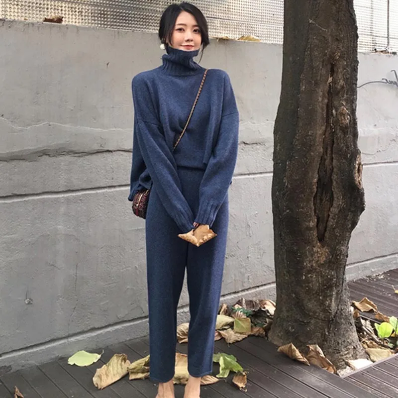 navy blue Осенне-зимний вязаный свитер, костюм, спортивный костюм, комплект из 2 предметов, свитшоты для женщин, Одинаковая одежда, вязаный Топ, штаны, женский костюм - Цвет: navy blue