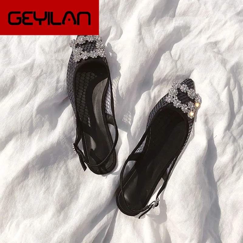 

2019 spring and summer new style Rhinestone buckle Lace Fairy Sandals Pointy sexy mesh Flat bottom female flat sandals