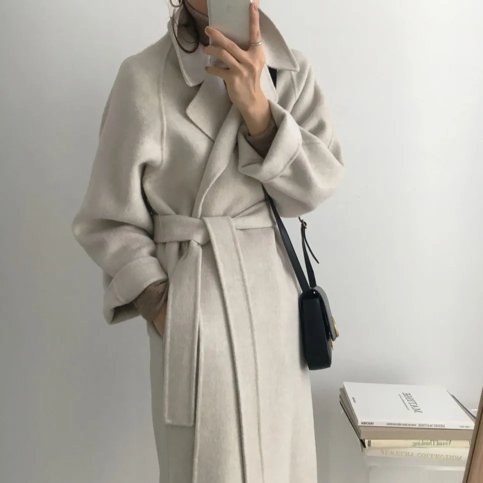 Women's Jacket 2021 Autumn and Winter Long Wool Coat with Belt Solid Color Long-Sleeved Chic Slim Down Shoulder Coat long puffer jacket