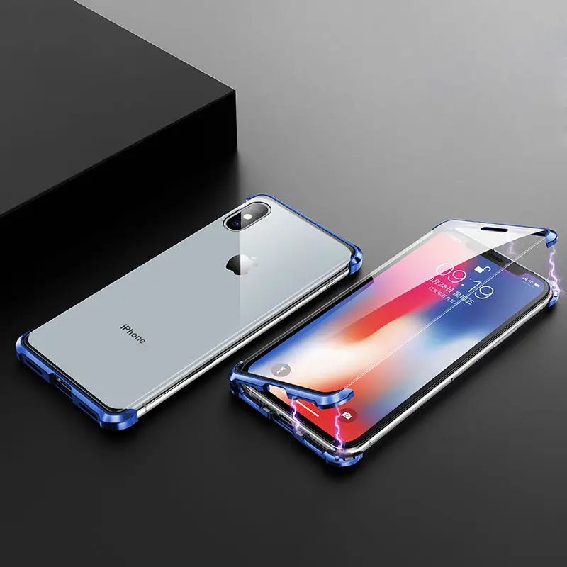 Роскошный Магнитный чехол для iPhone X XS Max XR 7 8 10 Plus s Передняя Задняя двухсторонняя закаленная стеклянная крышка iPhoneX чехол iPhone7 чехлы - Цвет: Blue