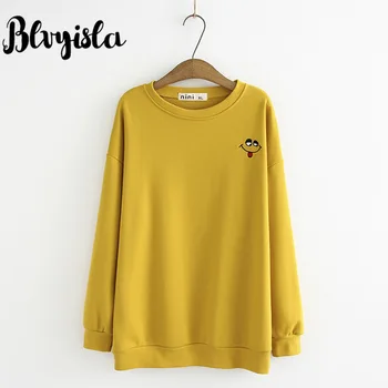 

Blvyisla 4XL Oversize Cotton Sweatshirts Smile Embroidery Cute Young Chic Style Pullovers harajuku Hoodies 100kg Lady Tops