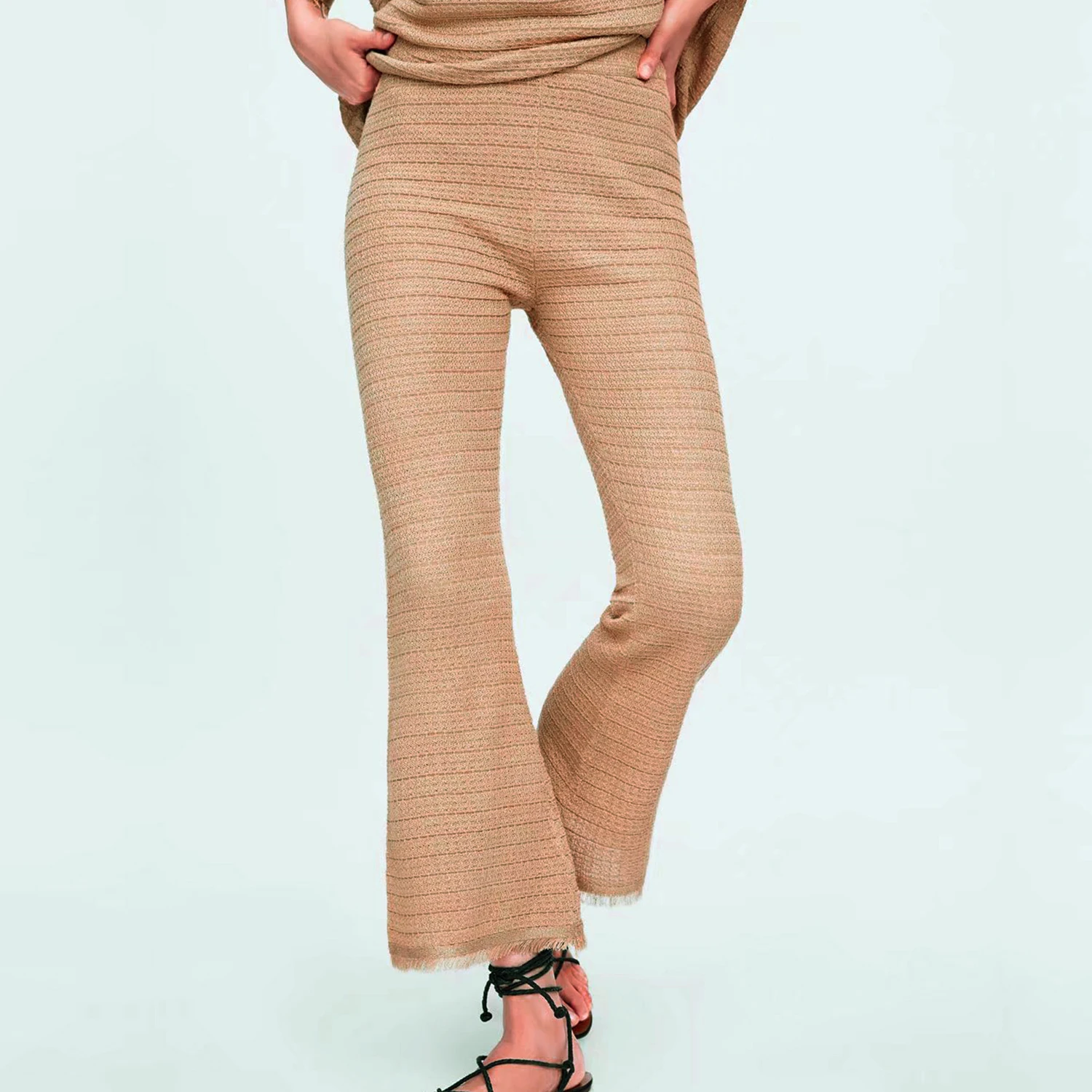 

Za Autumn camel color knitted long pants women elastic waist flared trousers tassels rough edges Casual chic lady pants femme