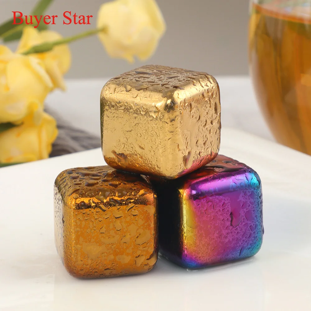 4/6/8Pcs Gold Stainless Steel Ice Cubes Beer Cooler Metal Chilling Stones for Whiskey With Storage Tube Ice Tongs Bar tools