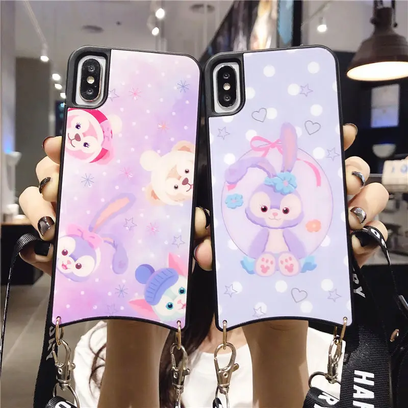 

Cute Cartoon Duffy Bear Curved Tempered Glass Phone Case for Apple iPhone XS Max XR 6 6S 7 8 Plus X Lanyard Rope Strap Cover