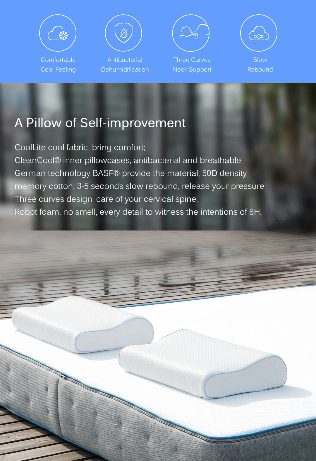 Original Xiaomi 8H Cool Feeling Slow Rebound Memory Cotton Pillow H1 Super Soft Antibacterial Neck Support Pillow