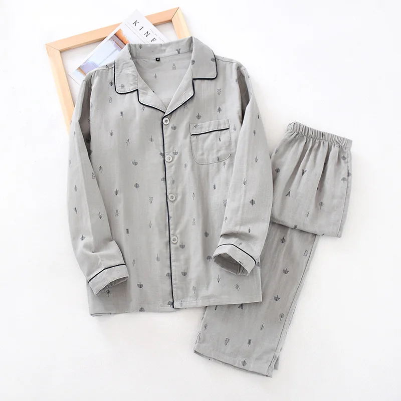 2020 New Men's Long Sleeve Cotton Pajamas Turn-down Collar Elastic Waist Nightwear Thin Casual Men Sleepwear Home Sleeping Suits