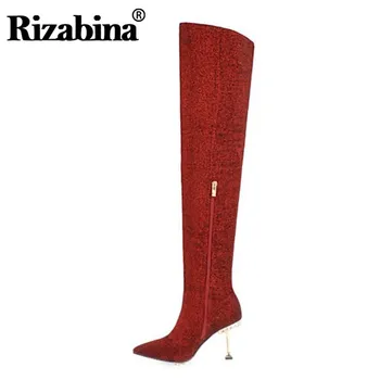 

RIZABINA Sexy Women Thigh High Boots Pointed Toe Zipper Thin Heels Shoes Bling Party Winter Fur Long Boots Women Size 32-43
