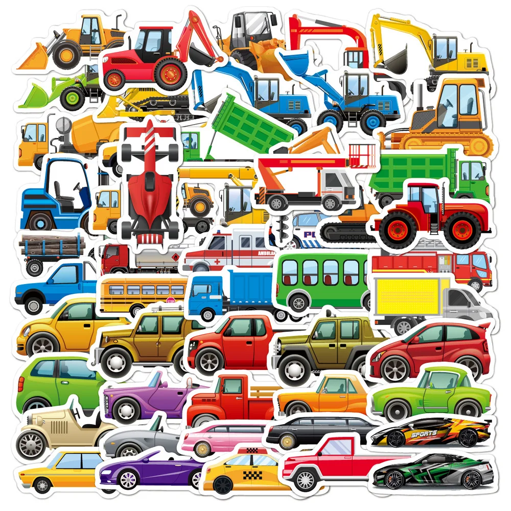 

10/50PCS Mixed Engineering Vehicle Car Sticker PVC Bus Truck Motorcycle Stickers for Kids Toy DIY Laptop Skateboard Decal Toy