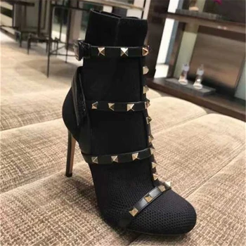 

Shoes Woman 2020 Brand Rivets Designer Runway Knight Boots Black Round Toe Botas Mujer Socks Booties High Heels Chelsea Boots