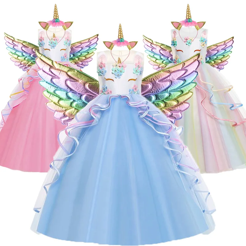Unicorn Dress Girls Birthday Party Clothes Embroidery Flower Ball Gown Kids Rainbow Formal Princess Children Costume