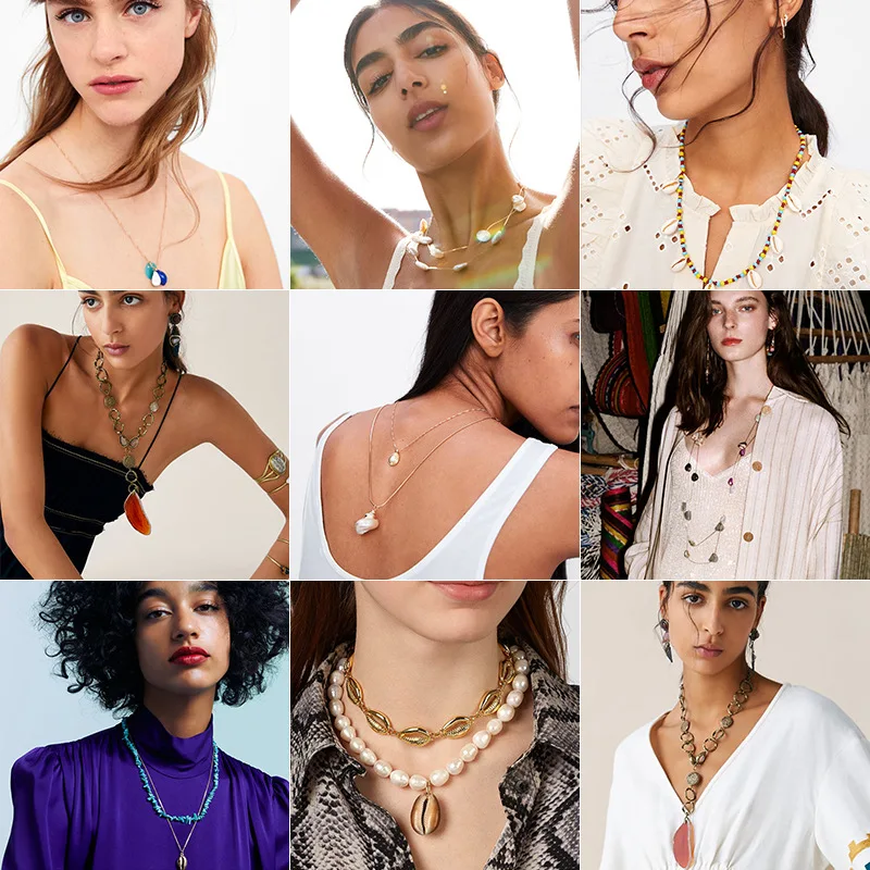

2019 Summer Fashion Vintage Style Women's Long Colorful Stone Resin Beads Pearl Shell Pendant Necklace Long Sweater Necklace