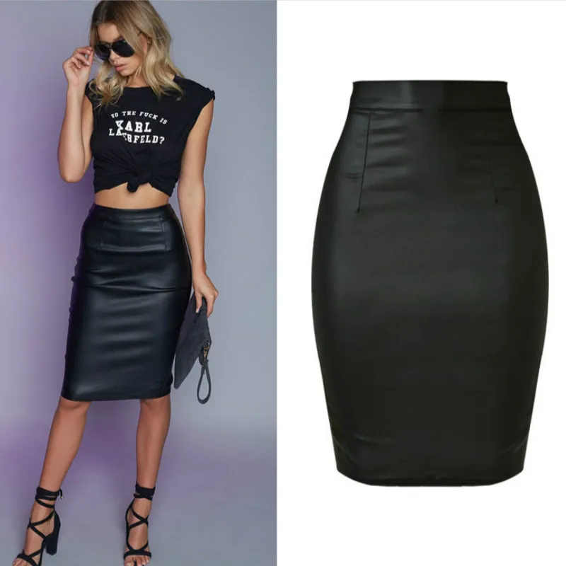 Высокая талия Push Up черный юбки для женщин для эластичность искусственная кожа разделение Jupe Femme покрытием Винтаж Панк Saias Na Altura Do Joelho