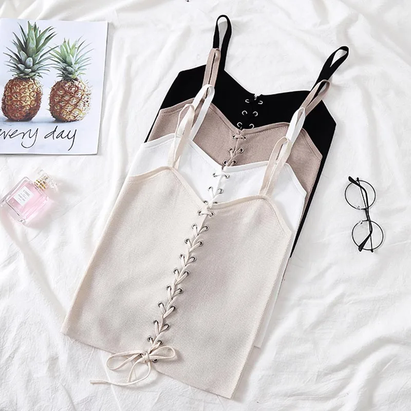 Женский Cami лето Drawstring женский короткий топ с v-образным вырезом жилет белые майки Femme Хлопок Вязание женские свободные топы на бретелях