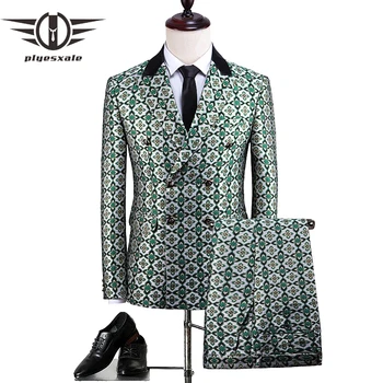 

Plyesxale Men Double Breasted Suit Green Floral Pattern High Quality Groom Wedding Suits 2 Piece Mens Party Prom Suits Q738