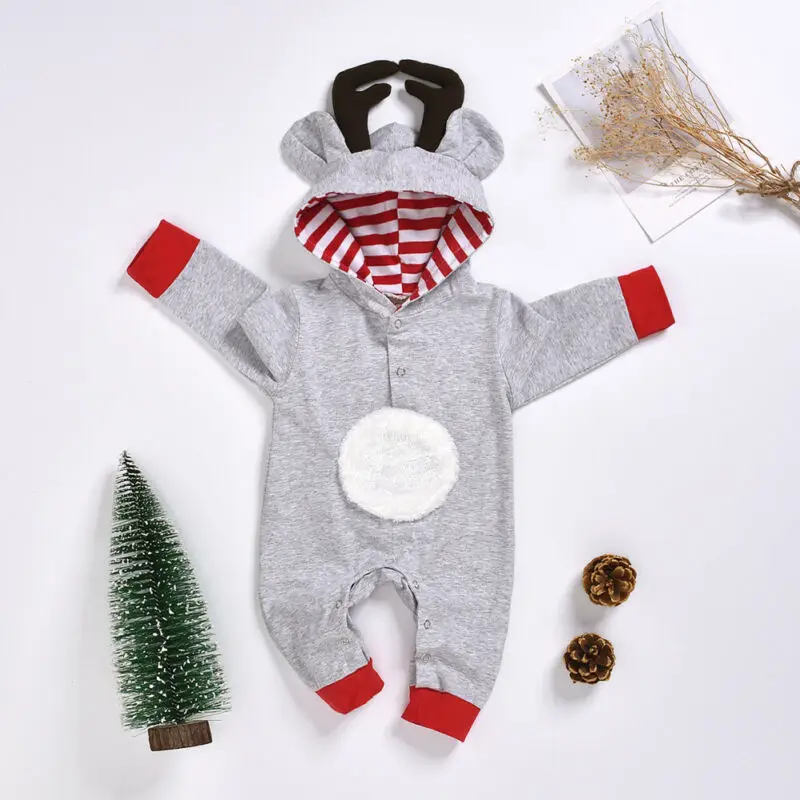 0-18 месяцев, детский Рождественский комбинезон с длинными рукавами и рисунком оленя для маленьких девочек и мальчиков, комбинезон с объемными рождественскими ушками, Рождественская одежда для детей 0-18 месяцев