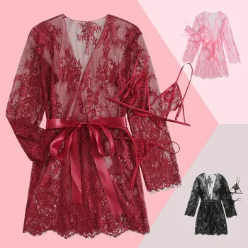 

Fashion female sexy lace home ladies sexy solid color underwear lace robe three-piece home service халат домашний женский 40*
