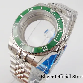 

BLIGER Sub Steel 40mm Watch Case for NH35 ETA 2836 MIYOTA 8215 Sapphire Glass Jubilee Bracelet Seeing/Mental Back Green Insert