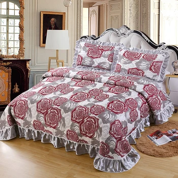 

Luxury 3D Rose Quilting Knitted Cotton Ruffle Bedspread Coverlet Double Bed Cover Set Blanket Bed Linen Pillowcase Home Textile