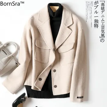 

BornSra High Quality Beige Color With Packet Double Sided Cashmere Coat Short Style Woolen Women's Coat For Winter