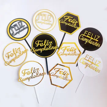 

Cake Decorarion Acrylic Spanish Feliz Cumpleanos Geomertic Happy Birthday Cake Toppers for Girl`s Boy`s Birthday Dessert Decor