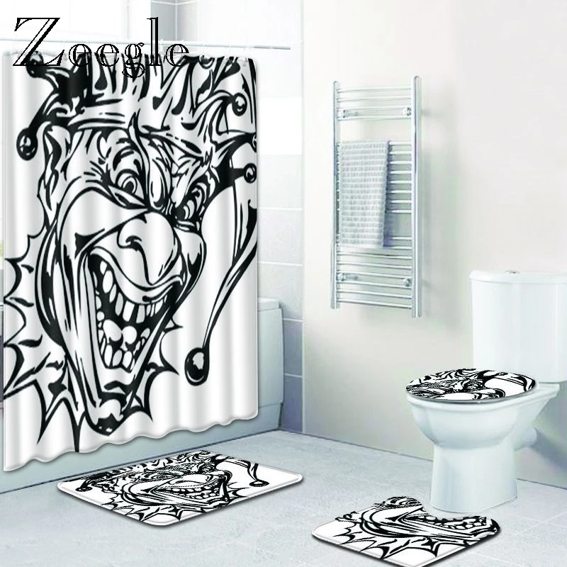 Zeegle Printed Comic Bath Mats with Shower Curtain Pedestal Rug Lid Toilet Cover Washable Bath Mat Waterproof Shower Curtain