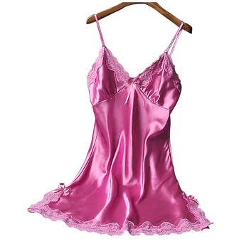 

2020 Women Sexy Silk Nightdress Dress Patchwork Sleeveless Solid V Neck Ladies Babydoll Nightdress Nightgown Sleepwear