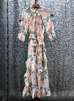 

2020 Spring and Summer New Women's Neckline Drawstring Lace Tie Waist Decoration he ye bai Printing Long Dress 414