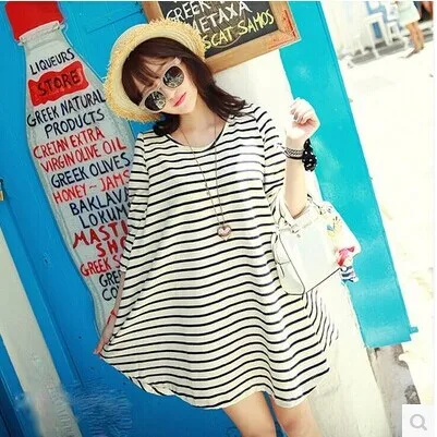 

Net Price 2019 Spring And Autumn Korean-style Stripes Large Size Three-quarter-length Sleeve Lace Joint Bow Pregnant Women Dress