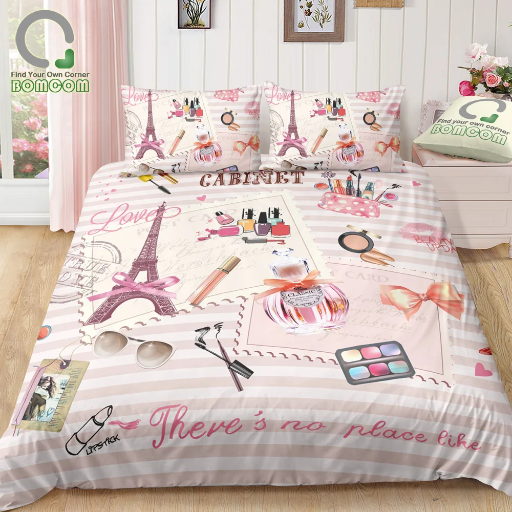 

BOMCOM 3D Digital Printing Duvet Cover Set Cosmetic Theme Romantic Paris Fashion Lady Modern Girl Bedding Set 100% Microfiber