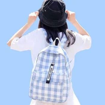 

2019 Hot Sale New Korean Women's Backpacks Fashion Check High School Students Schoolbag Pure Color Canvas Middle School