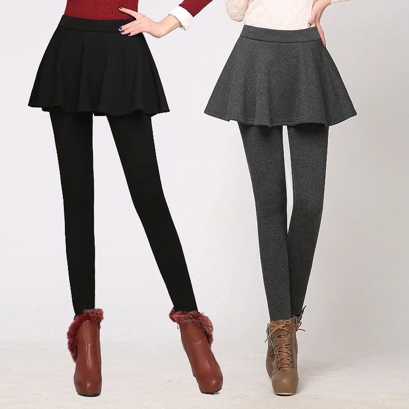 

Autumn Winter Plus Velvet Thick Fake Two-piece Leggings Pants Pleat Skirt Women High Waist Long Pants