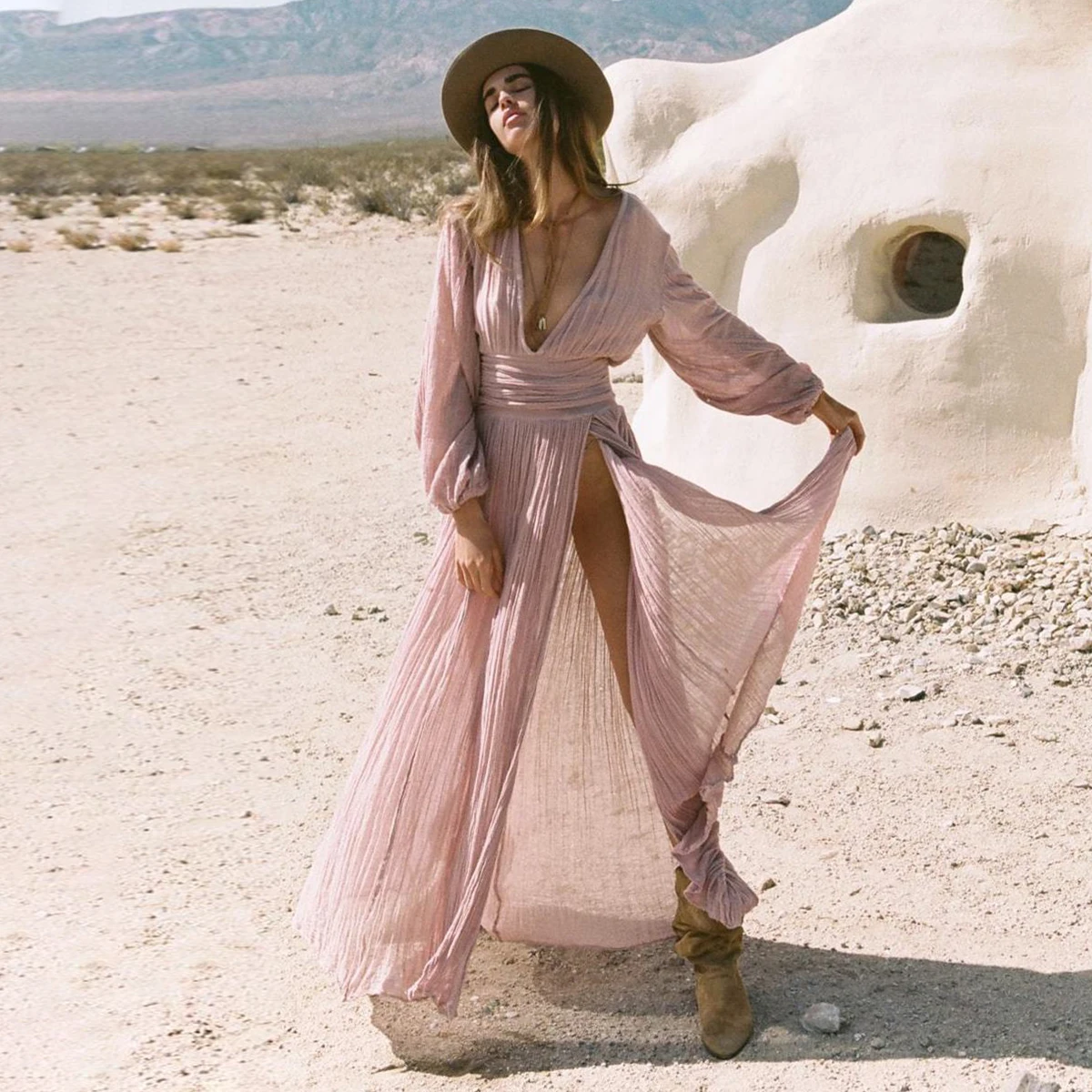 

Vintage Semi Sheer Gypsy Women Maxi Dress Autumn 2019 Deep V Neck Translucent Sliting Long Dresses Retro Chic Sexy Casual Dress