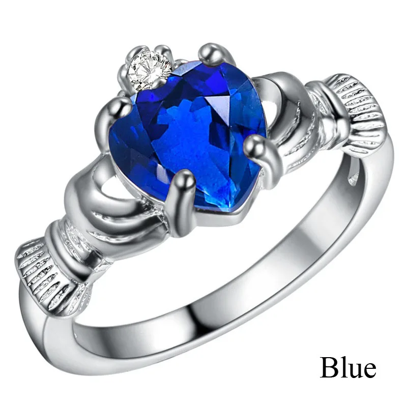 Blue Любовь Сердце Claddagh Радуга CZ Кольцо родиевое покрытие обручальные кольца AAA циркон ювелирные изделия женские аксессуары обручальное кольцо - Цвет основного камня: Blue