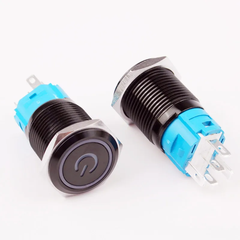 Black Button Switch 16mm Waterproof LED Power Marking Lamp Metal Flat Head Instantaneous/Lock Switch Self-locking/Self-resetting