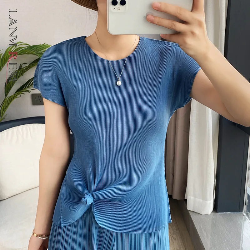LANMREM Pleated Thin Slim Round Neck T-shirt Stretch Women's Top Short Sleeve Shirts 2022 Summer New Arrivals 2D3744 | Женская
