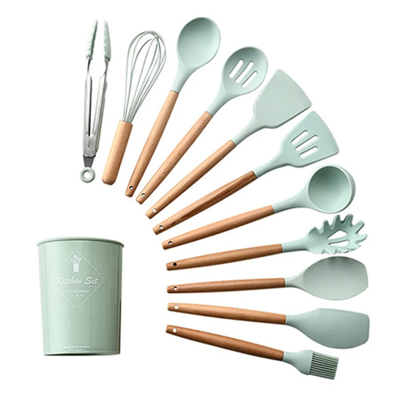 12 Pcs Kitchen Set 11/12 шт набор силиконовых кухонных принадлежностей с деревянной ручкой и ящиком для хранения, набор кухонных принадлежностей, антипригарная металлическая кулинарная лопатка, Подарочные инструменты - Цвет: 12 Pcs Kitchen Set