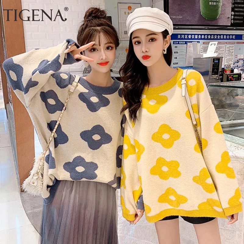 

TIGENA Kawaii Oversize Sweater Women Jumper 2019 Autumn Winter Loose Long Sleeve Knitted Pullover Sweater Female Clothes Yellow